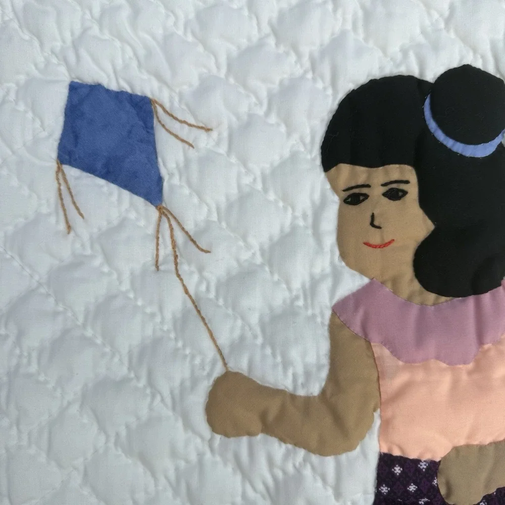 Appliqué Quilted Homemade Pillow Cover Girl Kite Unique Cream Zip Closure 16x16